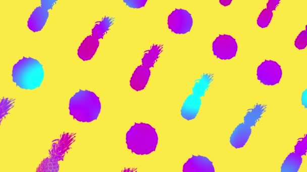 Ananas patroon in levendige gradiënt holografische neon kleuren. Concept kunst. Minimale surrealistische achtergrond. Naadloos patroon met ananas gesneden. Realistische animatie. 4K video beweging — Stockvideo