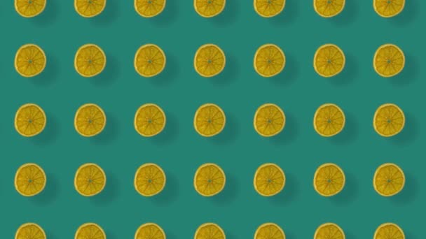 Colorful pattern of dried orange slices on green background with shadows. Seamless pattern with dried orange chips. Realistic animation. 4K video motion — Stockvideo