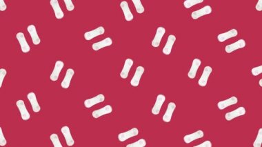 Kırmızı arka planda günlük kadınların hijyenik pedlerinin renkli deseni. Adet pedi ile kusursuz desen. Üst Manzara. Gerçekçi animasyon. 4K video hareketi