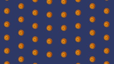 Mavi arka planda taze mandalinaların renkli meyve deseni. Mandalinalı kusursuz desen. Mandalina. Gerçekçi animasyon. 4K video hareketi