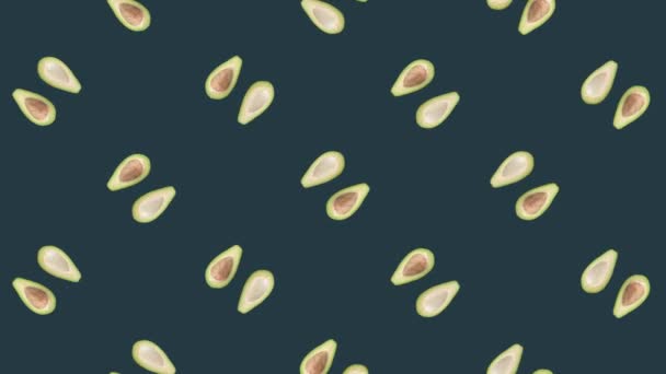 화려 한 과일 패턴의 신선하게 회전하는 아보카도. 아보카도가 있는 무뚝뚝 한 무늬. 리얼리티 애니메이션. 4K 비디오 모션 — 비디오