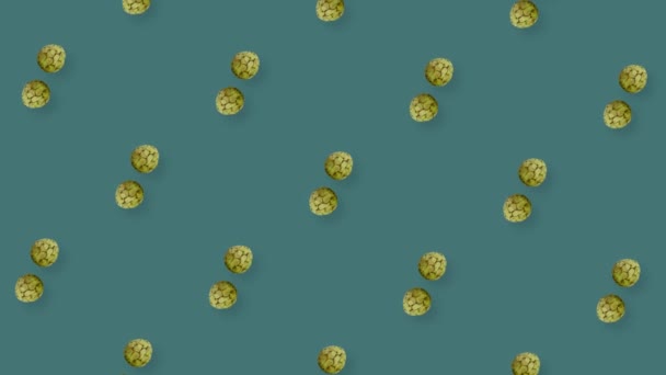 Colorful fruit pattern of fresh rotating cherimoya. Seamless pattern with cherimoya. Custard apple pattern. Realistic animation. 4K video motion — Stockvideo
