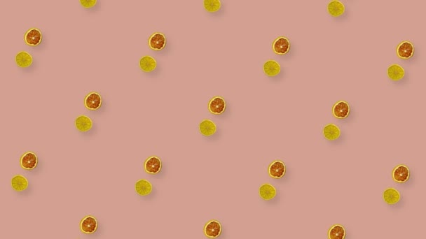 Colorful pattern of rotating dried grapefruits and oranges slices on pink background. Seamless pattern with dried grapefruit and orange chips. Pop art design. Realistic animation. 4K video motion — Stockvideo