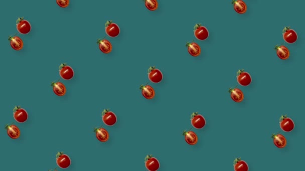 Colorful pattern of fresh rotating red tomatoes. Seamless pattern with cherry tomato. Realistic animation. 4K video motion — Vídeo de Stock