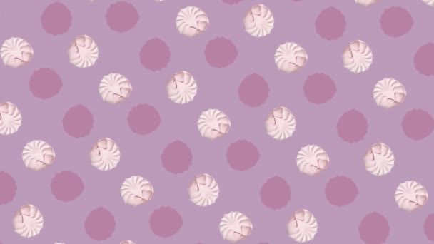 Kleurrijk patroon van roze zephyr. Naadloos patroon met zephyr. Marshmallow. Bovenaanzicht. Realistische animatie. 4K video beweging — Stockvideo