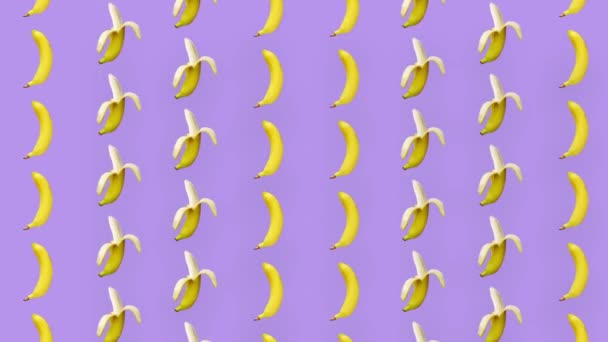 Цветной фруктовый узор из свежих желтых бананов на фиолетовом фоне. Бесшовный рисунок с бананом. Реалистичная анимация. 4K видео движение — стоковое видео