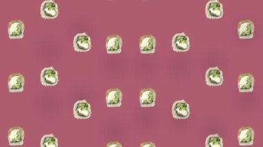 Japon suşi rulolarının renkli deseni. Suşi ile kusursuz desen. Philadelphia ruloları. Üst Manzara. Gerçekçi animasyon. 4K video hareketi