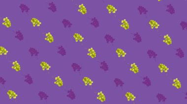 Mor arka planda taze üzümlerin renkli meyve deseni. Üzümlü kusursuz desen. Gerçekçi animasyon. 4K video hareketi