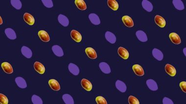 Menekşe arkaplanda taze mango deseni var. Üst Manzara. Mangolu kusursuz desen. Pop sanat tasarımı. Gerçekçi animasyon. 4K video hareketi