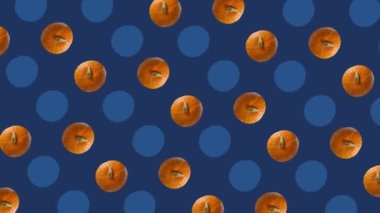 Mavi arka planda taze turuncu balkabağı deseni. Balkabağıyla kusursuz desen. Pop sanat tasarımı. Gerçekçi animasyon. 4K video hareketi