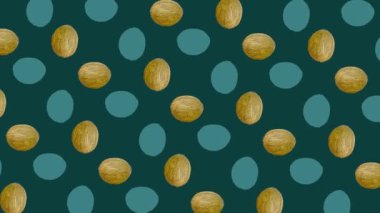 Yeşil arka planda taze hindistan cevizi renkli meyve deseni. Hindistancevizli kusursuz desen. Gerçekçi animasyon. 4K video hareketi