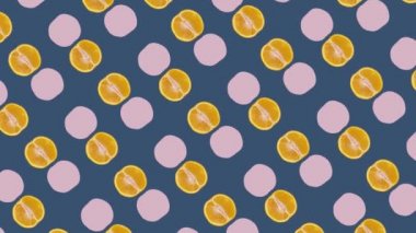 Renkli turuncu desen. Üst Manzara. Minimum tropikal meyve konsepti. Portakal dilimli kusursuz desen. Pop sanat tasarımı. Gerçekçi animasyon. 4K video hareketi