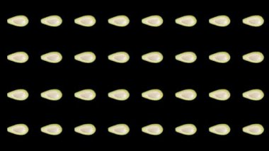 Siyah arka planda taze avokadoların renkli meyve deseni. Avokado ile kusursuz desen. Gerçekçi animasyon. 4K video hareketi