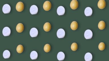Yeşil arka planda renkli tavuk yumurtası deseni. Yumurtayla kusursuz desen. Üst Manzara. Gerçekçi animasyon. 4K video hareketi
