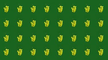 Yeşil arka planda taze üzümlerin renkli meyve deseni. Üzümlü kusursuz desen. Gerçekçi animasyon. 4K video hareketi