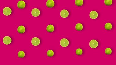 Pembe arka planda gölgeli taze limon renkli meyve deseni. Limonlu kusursuz desen. Gerçekçi animasyon. 4K video hareketi