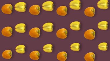 Taze portakal hurmasının renkli deseni. Üst Manzara. Hurma ile kusursuz desen. Pop sanat tasarımı. Gerçekçi animasyon. 4K video hareketi