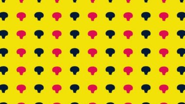 Sarı arka planda taze pembe ve siyah mantarların renkli deseni. Şampiyon ile kusursuz desen. Gerçekçi animasyon. 4K video hareketi