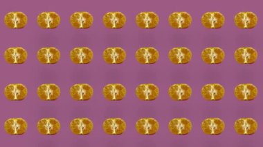 Taze mandalinaların renkli meyve deseni. Mandalinalı kusursuz desen. Mandalina. Pop sanat tasarımı. Gerçekçi animasyon. 4K video hareketi