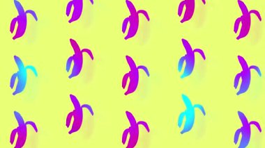Canlı gradyan holografik neon renklerinde muz deseni. Sanat kavramı. Asgari sürrealizm geçmişi. Muzla kusursuz desen. Gerçekçi animasyon. 4K video hareketi