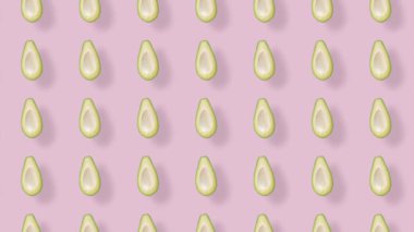 Pembe arka planda gölgeli taze avokadoların renkli meyve deseni. Avokado ile kusursuz desen. Gerçekçi animasyon. 4K video hareketi
