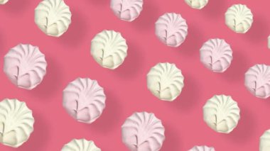 Renkli pembe ve beyaz zephyr deseni. Zephyr 'le kusursuz bir düzen. Şekerleme. Üst Manzara. Gerçekçi animasyon. 4K video hareketi