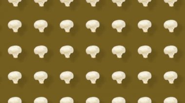 Renkli taze mantar deseni. Şampiyon ile kusursuz desen. Üst Manzara. Pop sanat tasarımı. Gerçekçi animasyon. 4K video hareketi