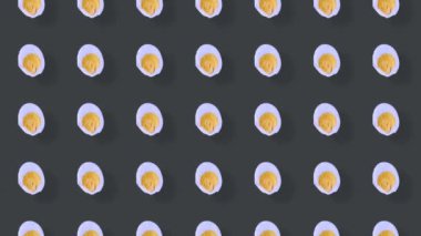 Gri arka planda gölgeli tavuk yumurtalarının renkli deseni. Yumurtayla kusursuz desen. Üst Manzara. Gerçekçi animasyon. 4K video hareketi