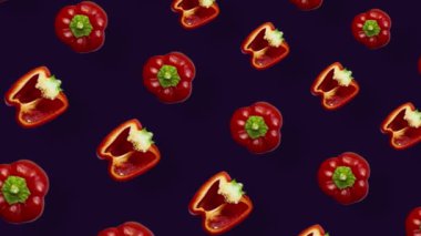 Renkli taze kırmızı biber deseni. Üst Manzara. Paprika ile kusursuz desen. Pop sanat tasarımı. Gerçekçi animasyon. 4K video hareketi