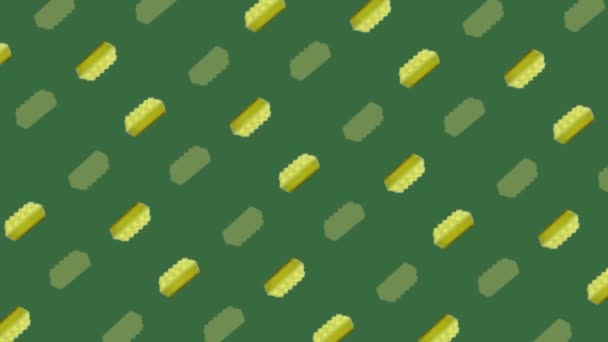 Kleurrijk patroon van gele keukensponzen op groene achtergrond. Naadloos patroon met spons. Bovenaanzicht. Realistische animatie. 4K video beweging — Stockvideo