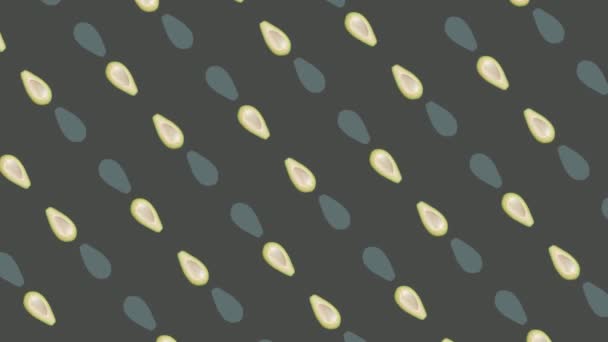青い背景に新鮮なアボカドのカラフルなフルーツパターン。アボカドとのシームレスなパターン。現実的なアニメーション。4Kビデオモーション — ストック動画