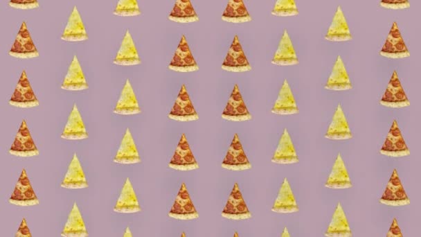 Colorful pattern of pizza isolated on pink background. Seamless pattern with pizza slices. Top view. Realistic animation. 4K video motion — Stock Video