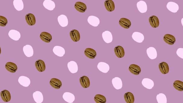 분홍색 배경에는 커피콩의 화려 한 무늬가 있습니다. 커피 원두에 있는 끈적끈적 한 무늬. 위에서 본 모습. 리얼리티 애니메이션. 4K 비디오 모션 — 비디오