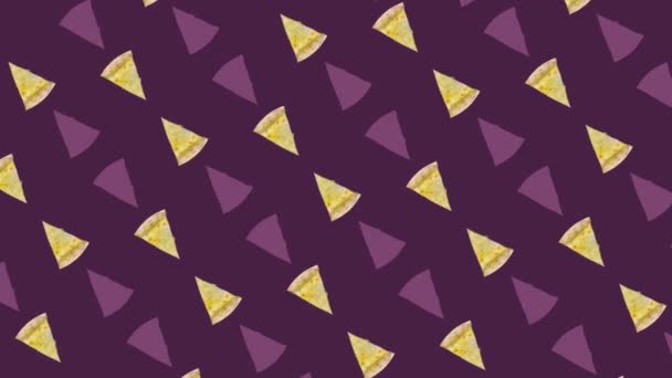 Colorful pattern of pizza isolated on dark purple background. Seamless pattern with pizza slices. Top view. Realistic animation. 4K video motion — Stockvideo