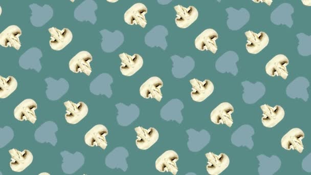 Colorful pattern of fresh mushrooms on green background. Seamless pattern with champignon sliced. Top view. Pop art design. Realistic animation. 4K video motion — Stockvideo
