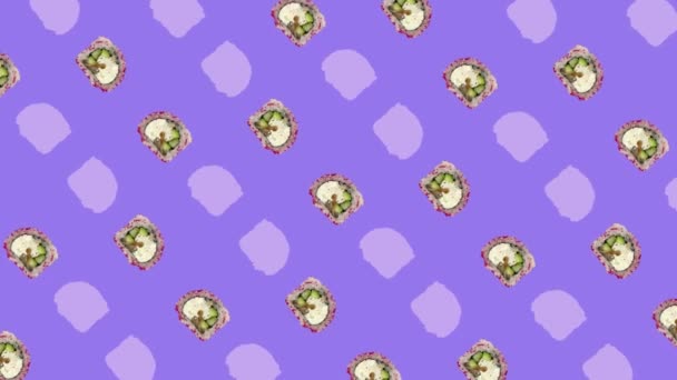 Colorful pattern of japanese sushi rolls on purple background. Seamless pattern with sushi. Top view. Realistic animation. 4K video motion — Stockvideo