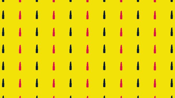 Цветной узор розовых и черных помад на желтом фоне. Бесшовный рисунок с помадой. Реалистичная анимация. 4K видео движение — стоковое видео