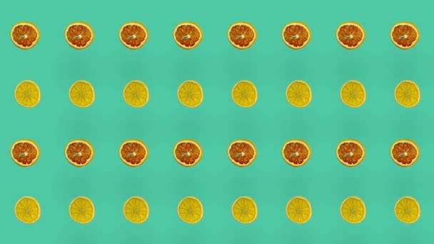 Buntes Muster aus getrockneten Grapefruit- und Orangenscheiben. Nahtloses Muster mit getrockneter Grapefruit und Orangenchips. Pop-Art-Design. Realistische Animation. 4K-Videobewegung — Stockvideo