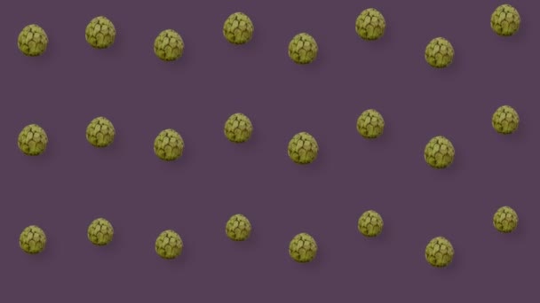 Bunte Fruchtmuster von frischem Cherimoya. Nahtloses Muster mit Cherimoya. Puddingapfelmuster. Tropisch abstrakter Hintergrund. Realistische Animation. 4K-Videobewegung — Stockvideo