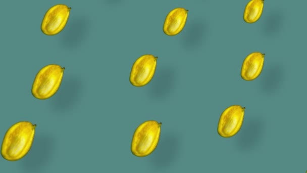Bunte Fruchtmuster frischer Mango auf grünem Hintergrund mit Schatten. Nahtloses Muster mit Mango. Realistische Animation. 4K-Videobewegung — Stockvideo