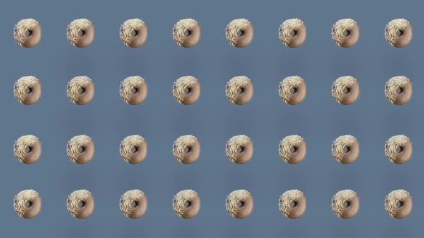 회색 배경에서 분리 된 초콜릿 도넛의 다채 로운 패턴이었습니다. 도넛에 물기 없는 무늬. 두 그 너트. 위에서 본 모습. 리얼리티 애니메이션. 4K 비디오 모션 — 비디오