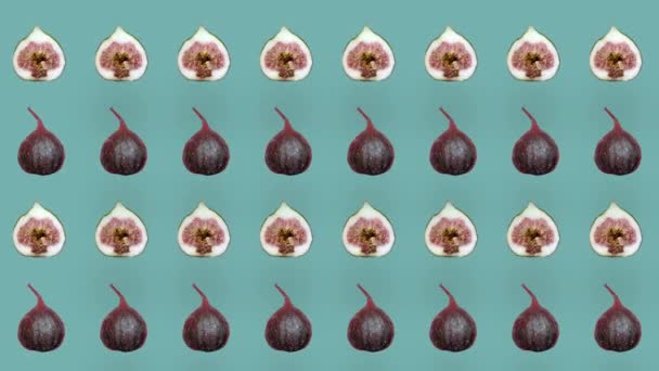 Kolorowy wzór owoców świeżych fig na zielonym tle. Płynny wzór z figami. Realistyczna animacja. Ruch wideo 4K — Wideo stockowe