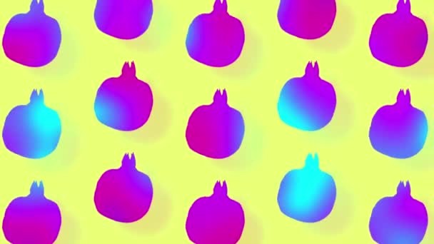 Pomegranates pattern in vibrant gradient holographic neon colors. Concept art. Minimal surrealism background. Seamless pattern with pomegranate. Realistic animation. 4K video motion — Vídeo de Stock