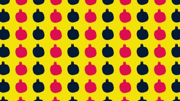 Colorful fruit pattern of fresh pink and black pomegranates on yellow background. Seamless pattern with pomegranate. Realistic animation. 4K video motion — Stockvideo