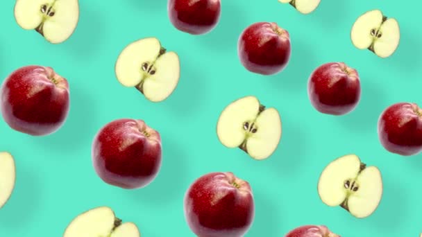 Buntes Muster von frischen Äpfeln. Ansicht von oben. Nahtloses Muster mit Apfelscheiben. Pop-Art-Design. Realistische Animation. 4K-Videobewegung — Stockvideo