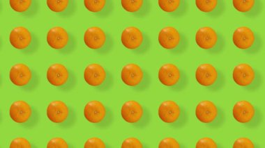 Yeşil arka planda gölgeli taze turuncu renkli meyve deseni. Turuncu ile kusursuz desen. Gerçekçi animasyon. 4K video hareketi