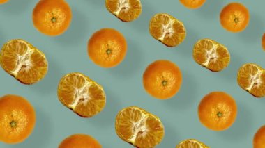 Taze mandalinaların renkli meyve deseni. Mandalinalı kusursuz desen. Mandalina. Pop sanat tasarımı. Gerçekçi animasyon. 4K video hareketi