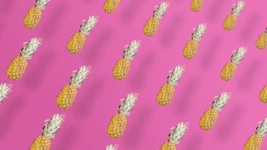 Pembe arka planda gölgeli taze ananaslı renkli meyve deseni. Ananaslı kusursuz desen. Gerçekçi animasyon. 4K video hareketi