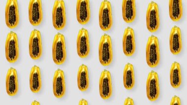 Taze papaya renginde meyveler. Üst Manzara. Minimum tropikal meyve yaz konsepti. Papaya ile kusursuz desen. Pop sanat tasarımı. Gerçekçi animasyon. 4K video hareketi