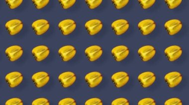 Taze portakal hurmasının renkli deseni. Üst Manzara. Hurma dilimlenmiş kusursuz desen. Pop sanat tasarımı. Gerçekçi animasyon. 4K video hareketi